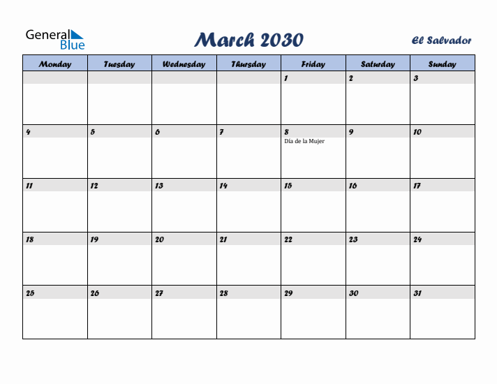 March 2030 Calendar with Holidays in El Salvador