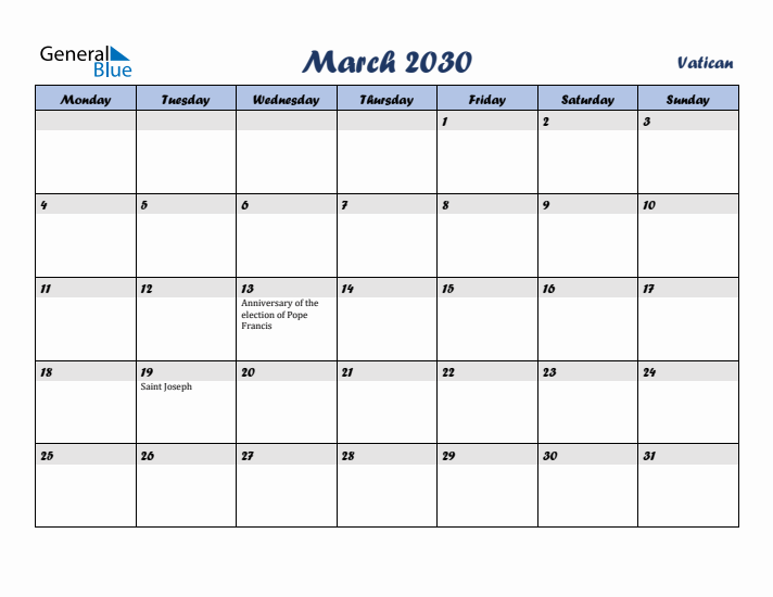 March 2030 Calendar with Holidays in Vatican
