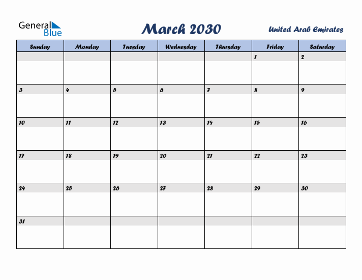 March 2030 Calendar with Holidays in United Arab Emirates
