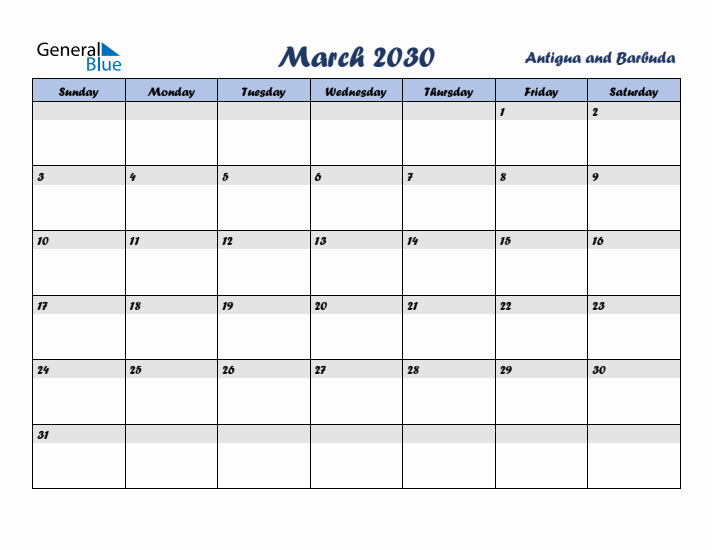 March 2030 Calendar with Holidays in Antigua and Barbuda
