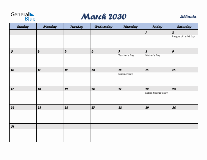March 2030 Calendar with Holidays in Albania