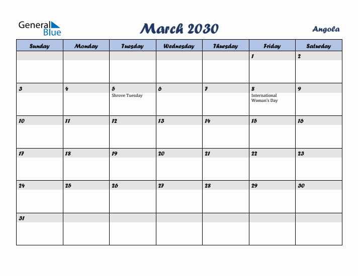 March 2030 Calendar with Holidays in Angola