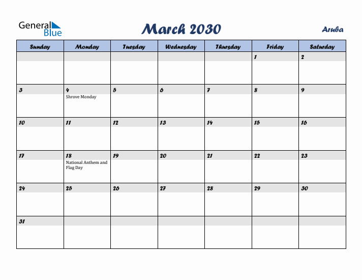March 2030 Calendar with Holidays in Aruba