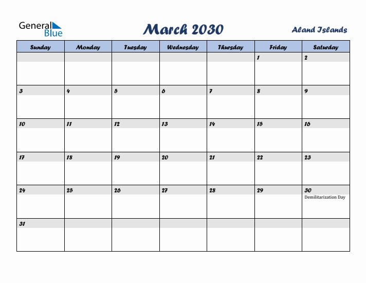 March 2030 Calendar with Holidays in Aland Islands