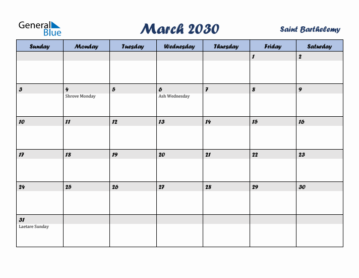 March 2030 Calendar with Holidays in Saint Barthelemy
