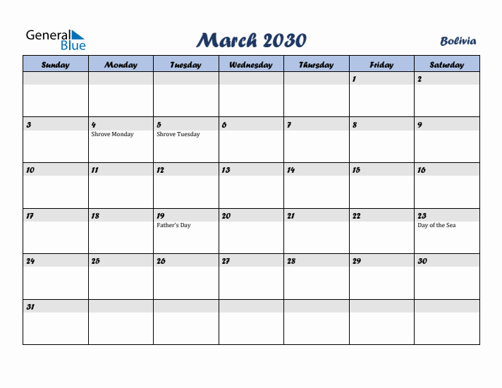 March 2030 Calendar with Holidays in Bolivia