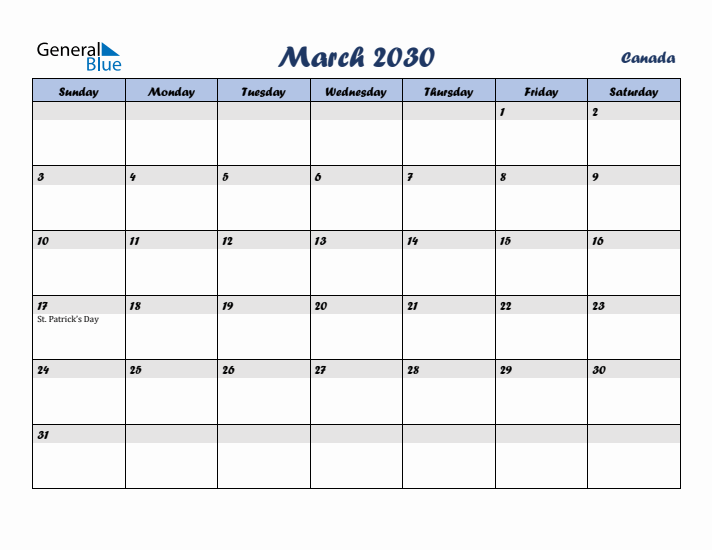 March 2030 Calendar with Holidays in Canada
