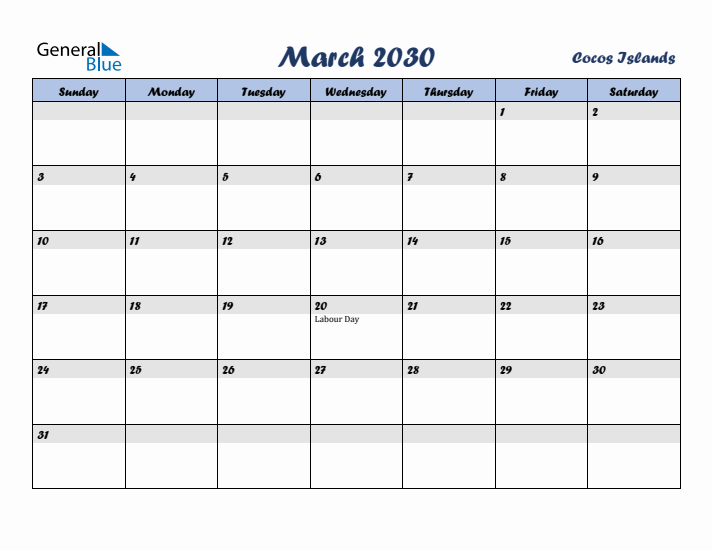 March 2030 Calendar with Holidays in Cocos Islands