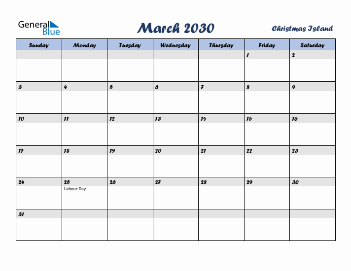 March 2030 Calendar with Holidays in Christmas Island