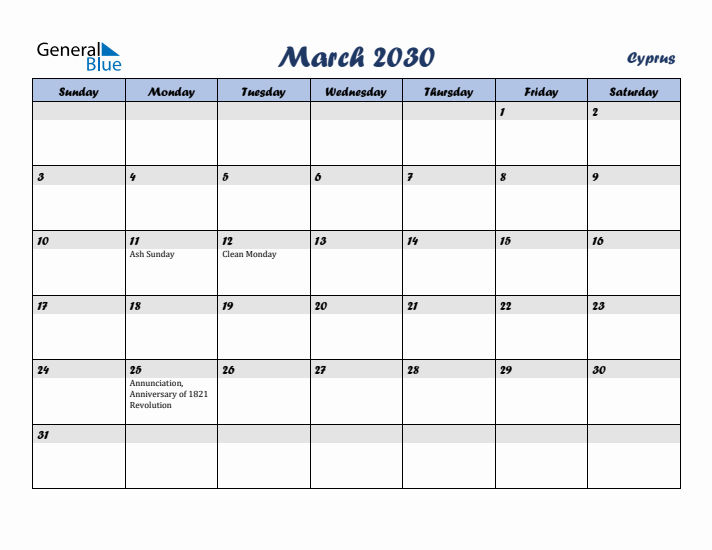March 2030 Calendar with Holidays in Cyprus
