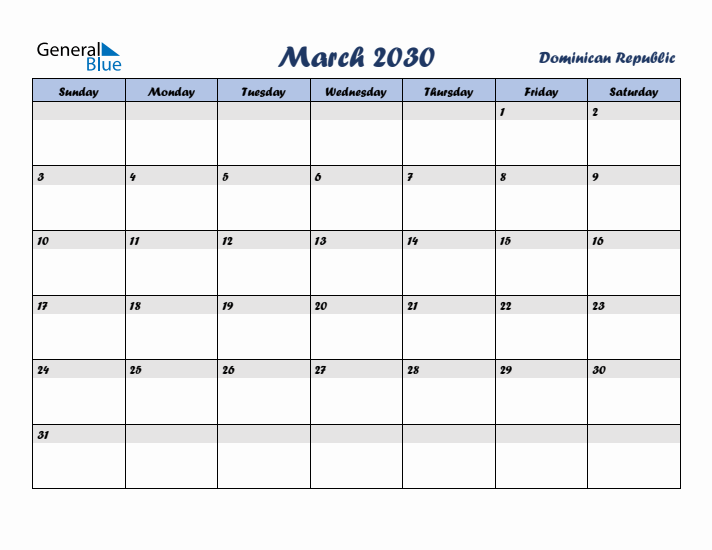 March 2030 Calendar with Holidays in Dominican Republic
