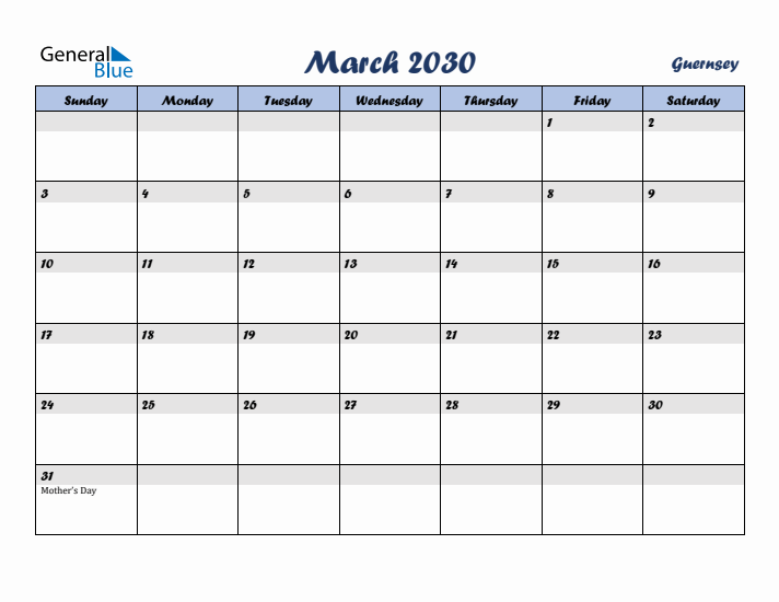 March 2030 Calendar with Holidays in Guernsey