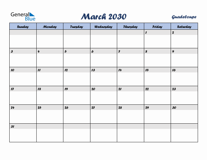 March 2030 Calendar with Holidays in Guadeloupe