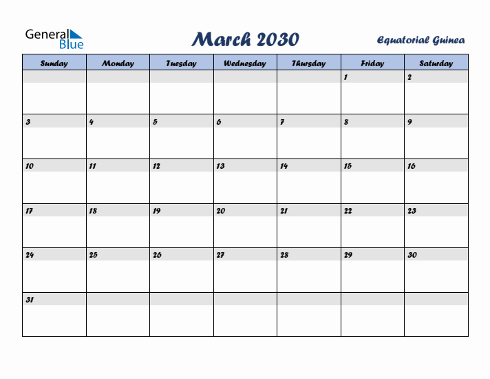 March 2030 Calendar with Holidays in Equatorial Guinea