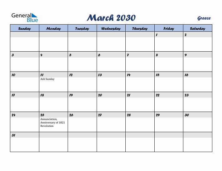 March 2030 Calendar with Holidays in Greece