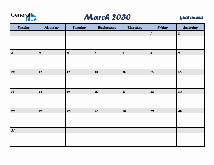 March 2030 Calendar with Holidays in Guatemala