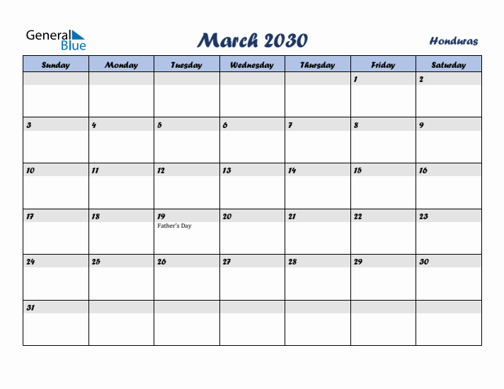 March 2030 Calendar with Holidays in Honduras