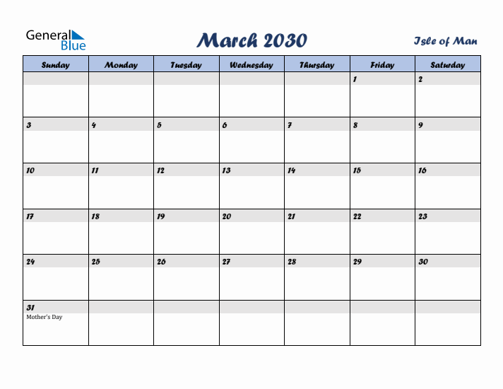 March 2030 Calendar with Holidays in Isle of Man