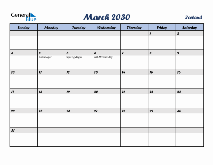 March 2030 Calendar with Holidays in Iceland