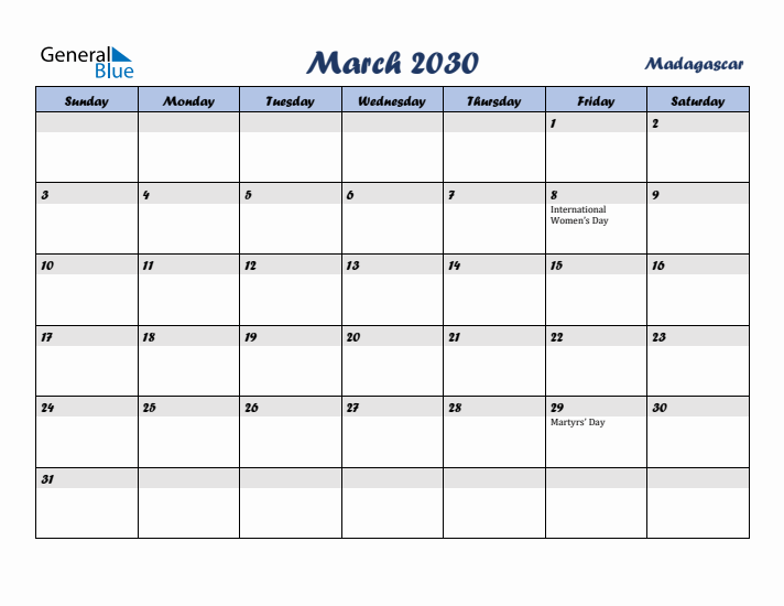 March 2030 Calendar with Holidays in Madagascar