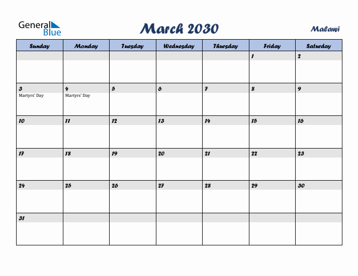 March 2030 Calendar with Holidays in Malawi