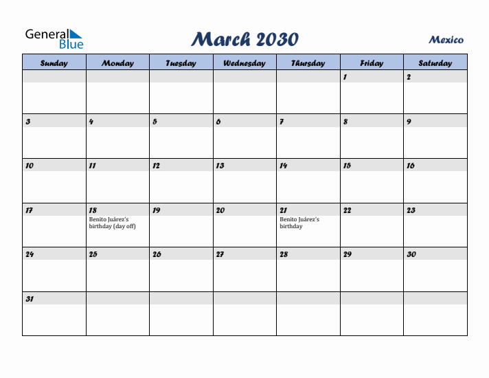 March 2030 Calendar with Holidays in Mexico