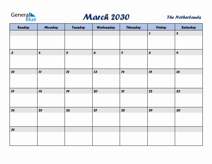 March 2030 Calendar with Holidays in The Netherlands