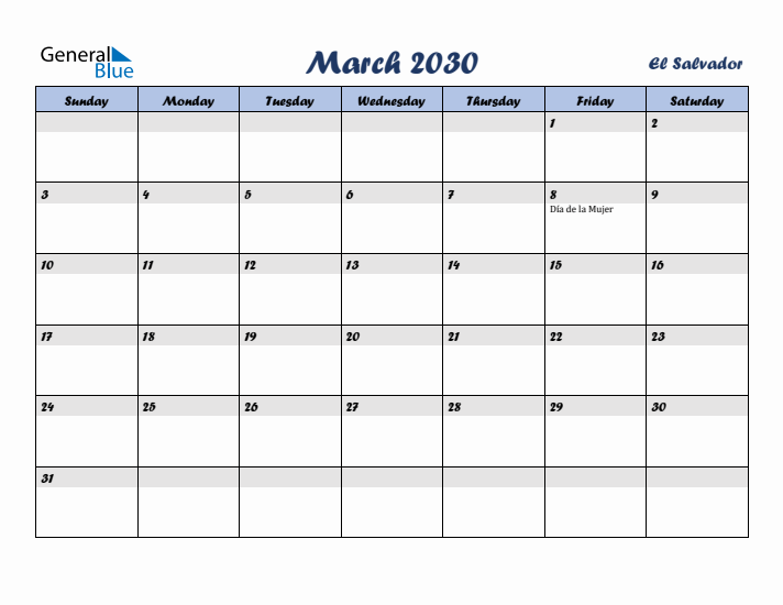 March 2030 Calendar with Holidays in El Salvador