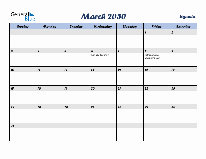 March 2030 Calendar with Holidays in Uganda