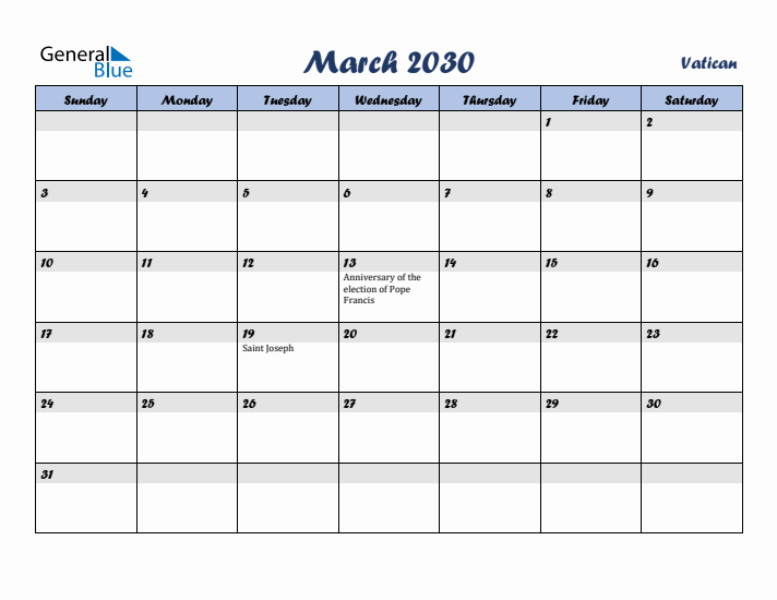 March 2030 Calendar with Holidays in Vatican