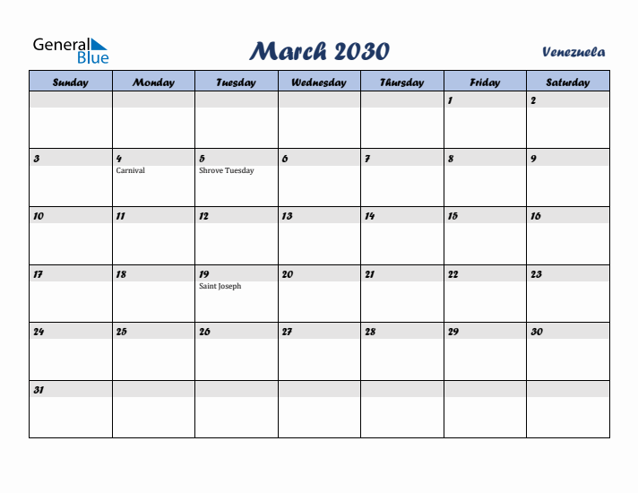 March 2030 Calendar with Holidays in Venezuela