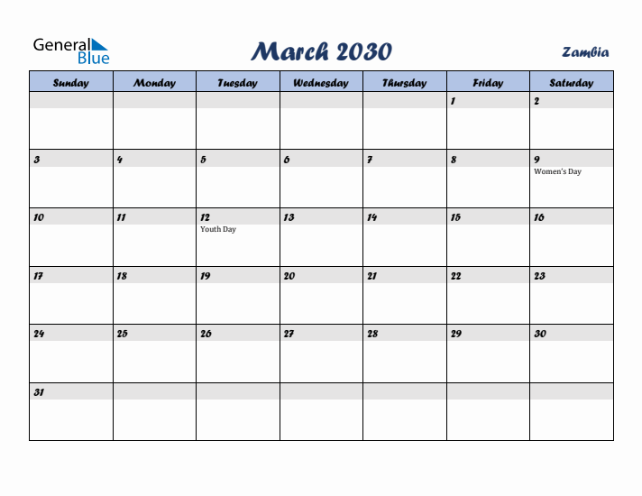 March 2030 Calendar with Holidays in Zambia