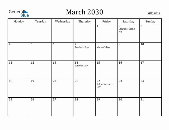 March 2030 Calendar Albania