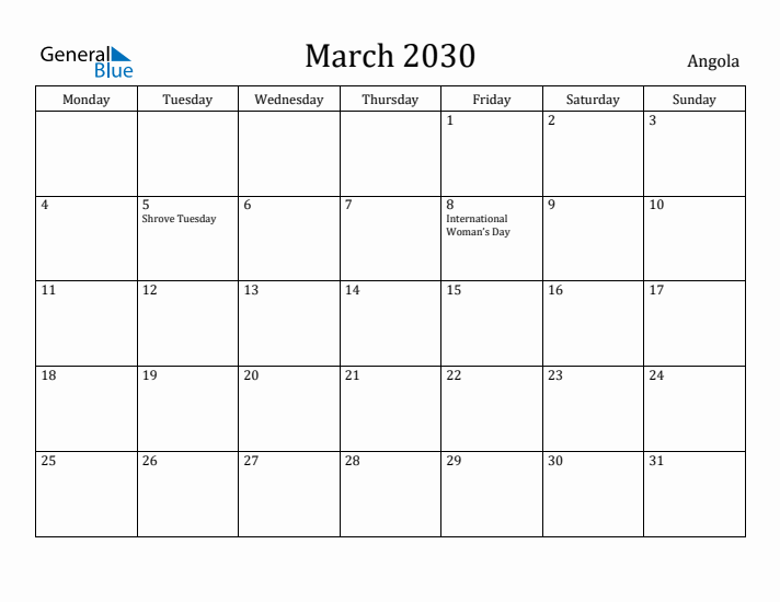 March 2030 Calendar Angola