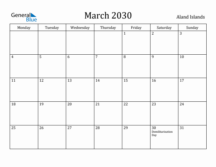 March 2030 Calendar Aland Islands