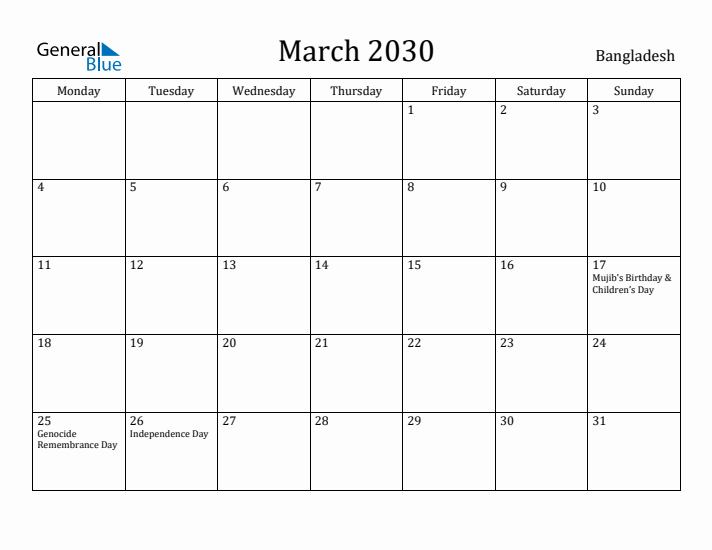 March 2030 Calendar Bangladesh