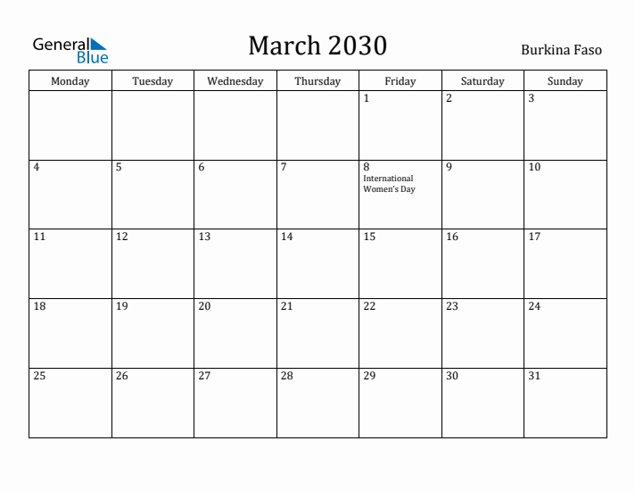 March 2030 Calendar Burkina Faso