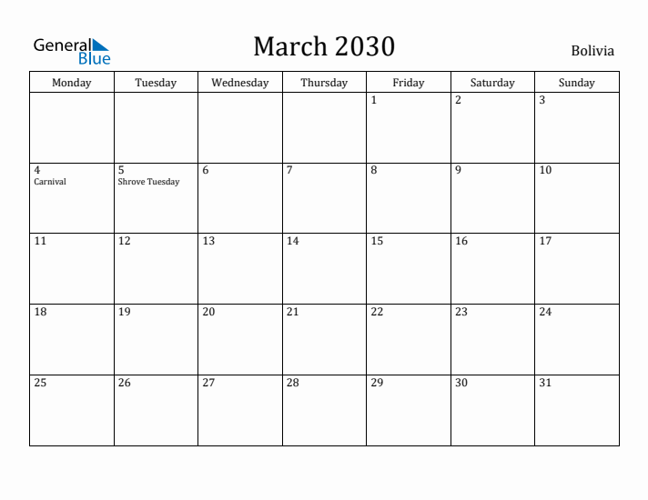 March 2030 Calendar Bolivia