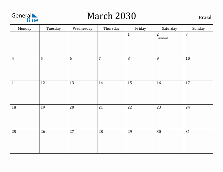 March 2030 Calendar Brazil