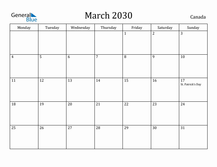March 2030 Calendar Canada