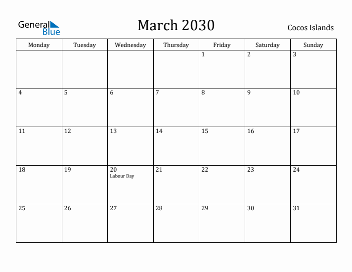March 2030 Calendar Cocos Islands