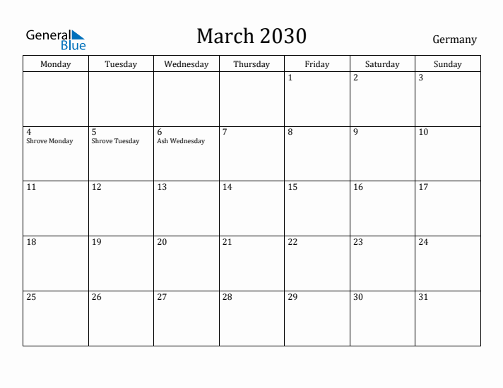 March 2030 Calendar Germany