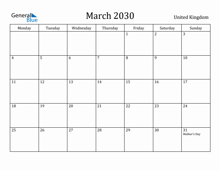 March 2030 Calendar United Kingdom