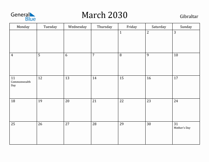 March 2030 Calendar Gibraltar