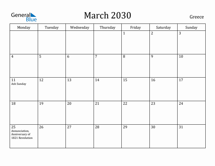March 2030 Calendar Greece