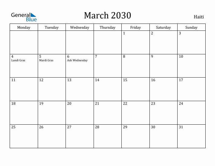March 2030 Calendar Haiti