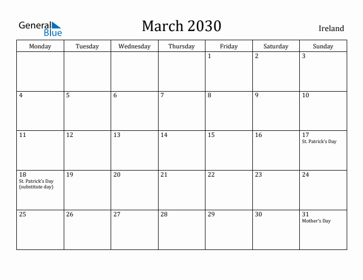 March 2030 Calendar Ireland