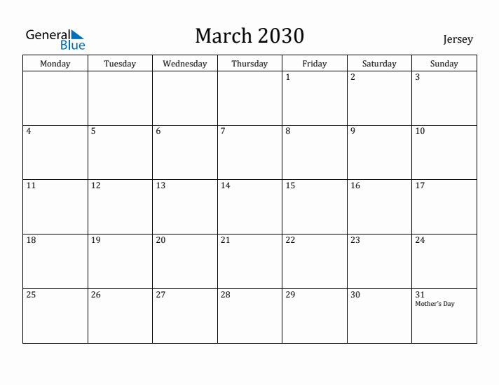 March 2030 Calendar Jersey