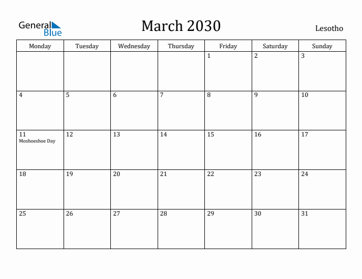 March 2030 Calendar Lesotho