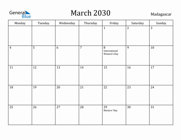 March 2030 Calendar Madagascar
